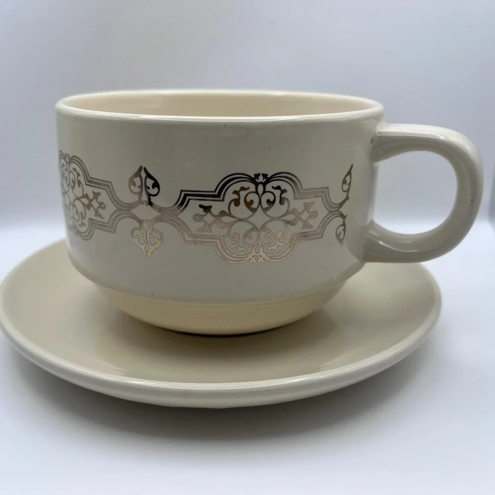 California Pantry Cream Gold Damask Oversized Cup and Saucer Set 2012 Ceramic